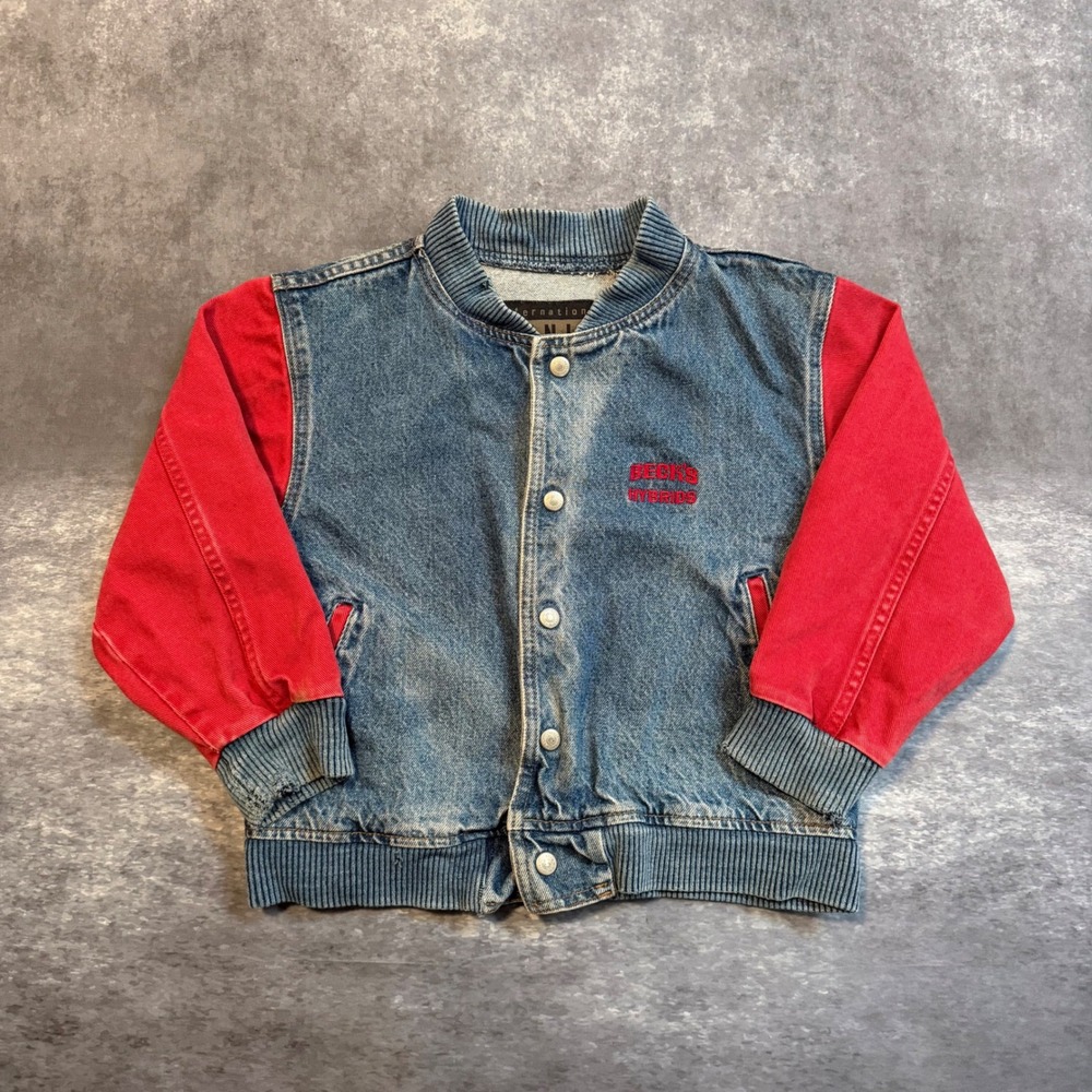 VTG 90s International Denim Kids Varsity Jacket Becks Hybrids Red Blue Size 6